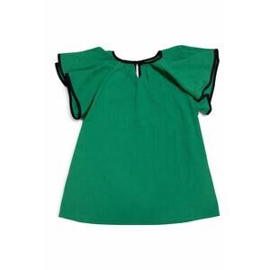 Emerald Green Flutter Sleeve Blouse with Black Trim- size small